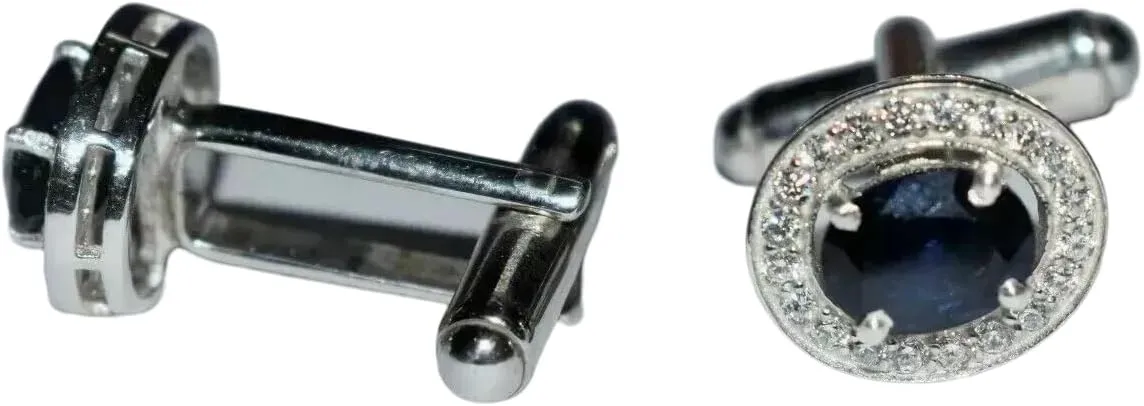 rkjewellry_store || 3.50Ct Oval Cut Lab Created Blue Sapphire Men's Wedding Cufflinks 14K White Gold Plated 925 Sterling Silver