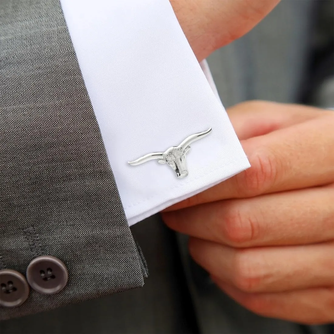 rkjewellry_store || Bull Longhorn Shape Men's Cufflink 14K White Gold Finish 925 Sterling Silver For Men's For Any Occassion