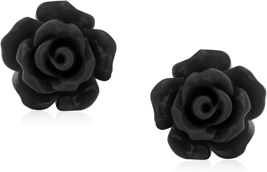 Romantic Delicate Pink Blue Yellow Green Black Purple White Red Floral Blooming 3D Carved 10MM Rose Flower Post Stud Earrings For Women Teen Lightweight