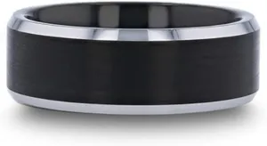 Roy Rose Jewelry Black Brushed Center Tungsten Wedding Ring with Polished Beveled Edges Unique Matching Couple Wedding Ring Set 4mm & 8mm Wide (Set of Two Rings)