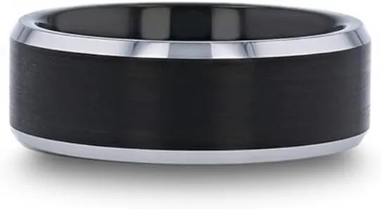 Roy Rose Jewelry Black Brushed Center Tungsten Wedding Ring with Polished Beveled Edges Unique Matching Couple Wedding Ring Set 4mm & 8mm Wide (Set of Two Rings)