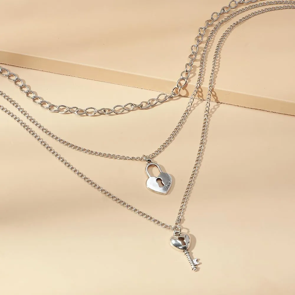 Rrdaily Delicate Key Lock Layered Necklace 3 Layer Lock Key Pendant Necklace for Women Fashion Valentine'S Day Jewelry