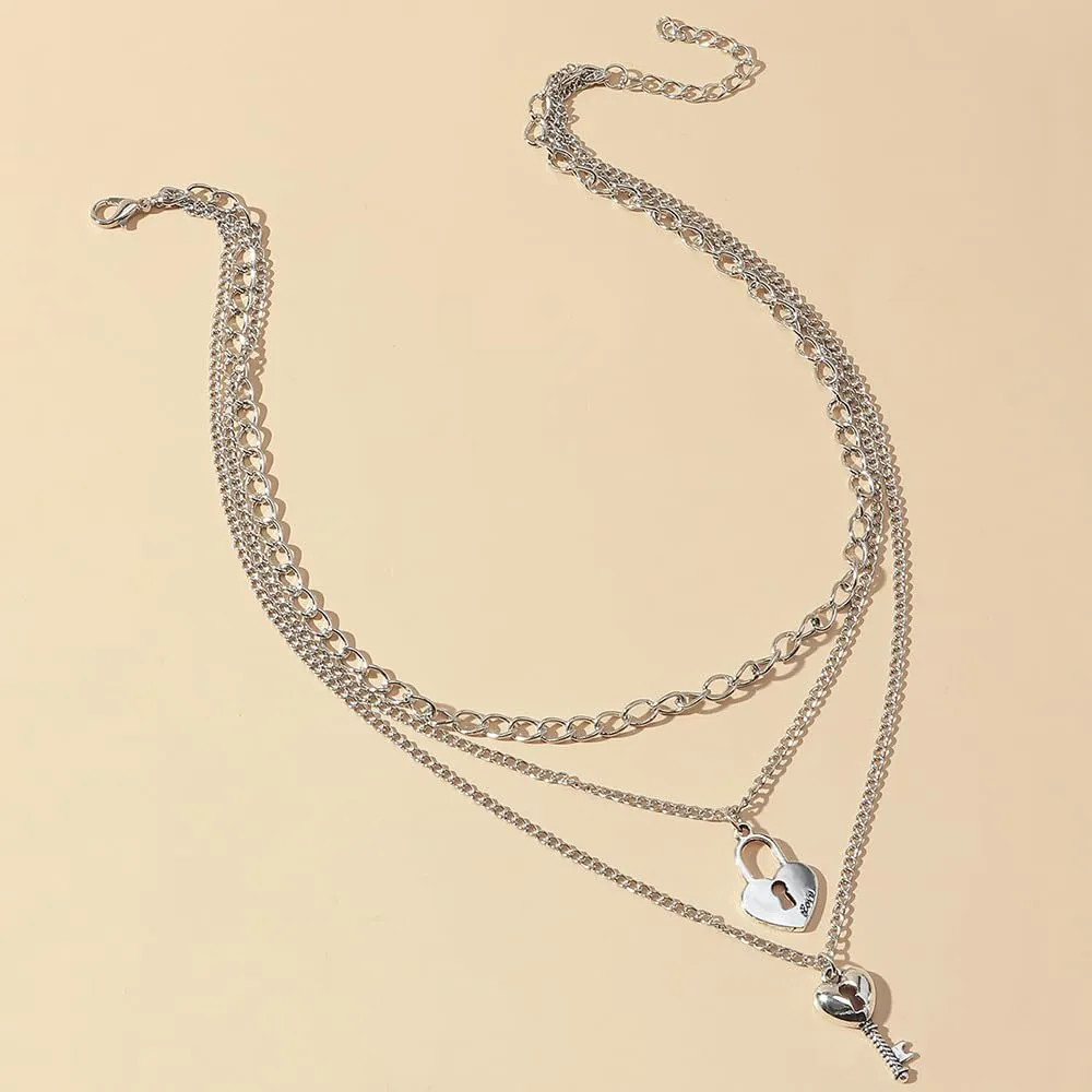 Rrdaily Delicate Key Lock Layered Necklace 3 Layer Lock Key Pendant Necklace for Women Fashion Valentine'S Day Jewelry