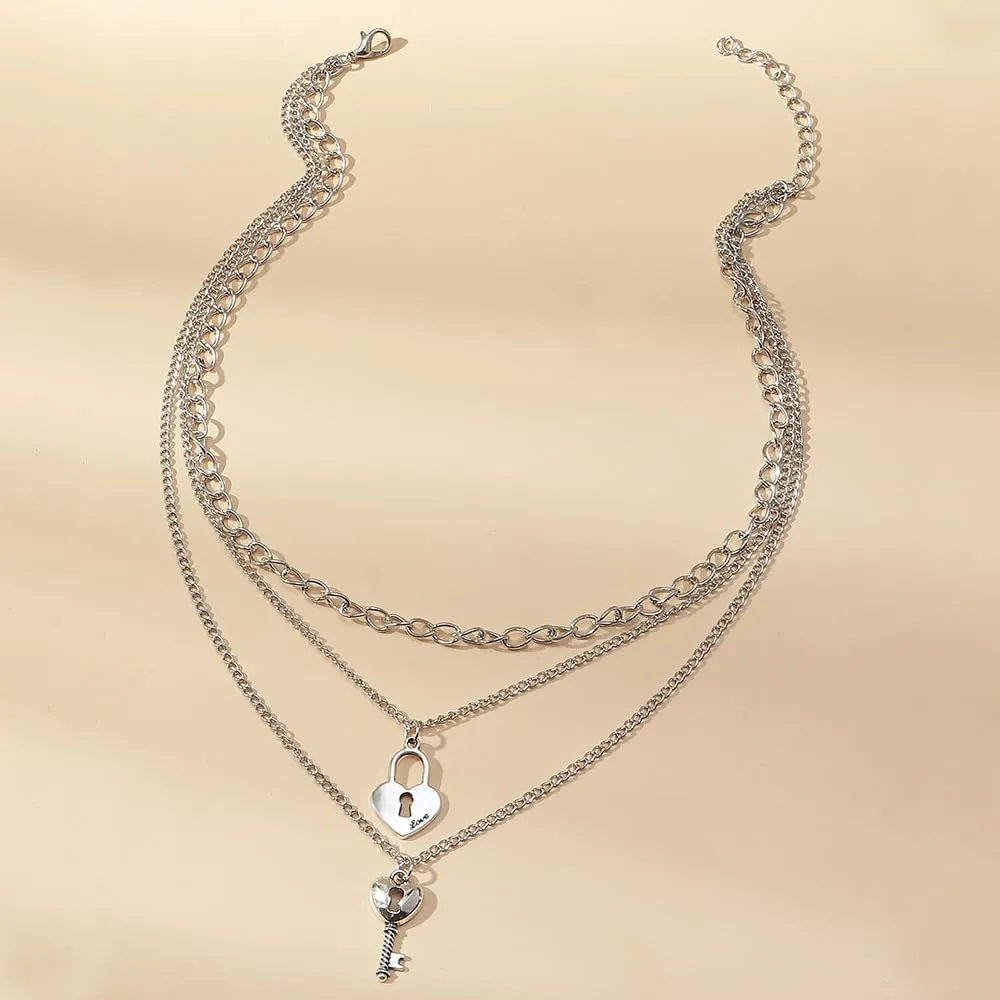 Rrdaily Delicate Key Lock Layered Necklace 3 Layer Lock Key Pendant Necklace for Women Fashion Valentine'S Day Jewelry