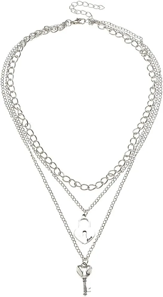 Rrdaily Delicate Key Lock Layered Necklace 3 Layer Lock Key Pendant Necklace for Women Fashion Valentine'S Day Jewelry