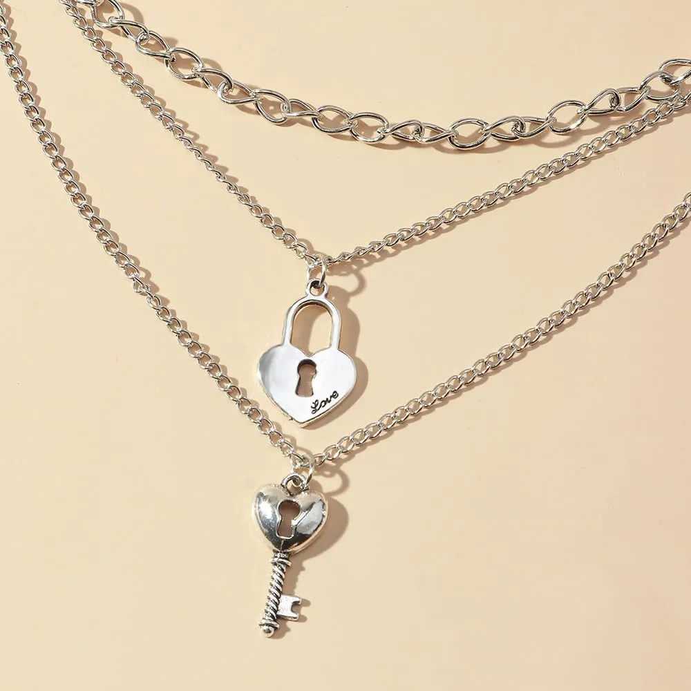 Rrdaily Delicate Key Lock Layered Necklace 3 Layer Lock Key Pendant Necklace for Women Fashion Valentine'S Day Jewelry