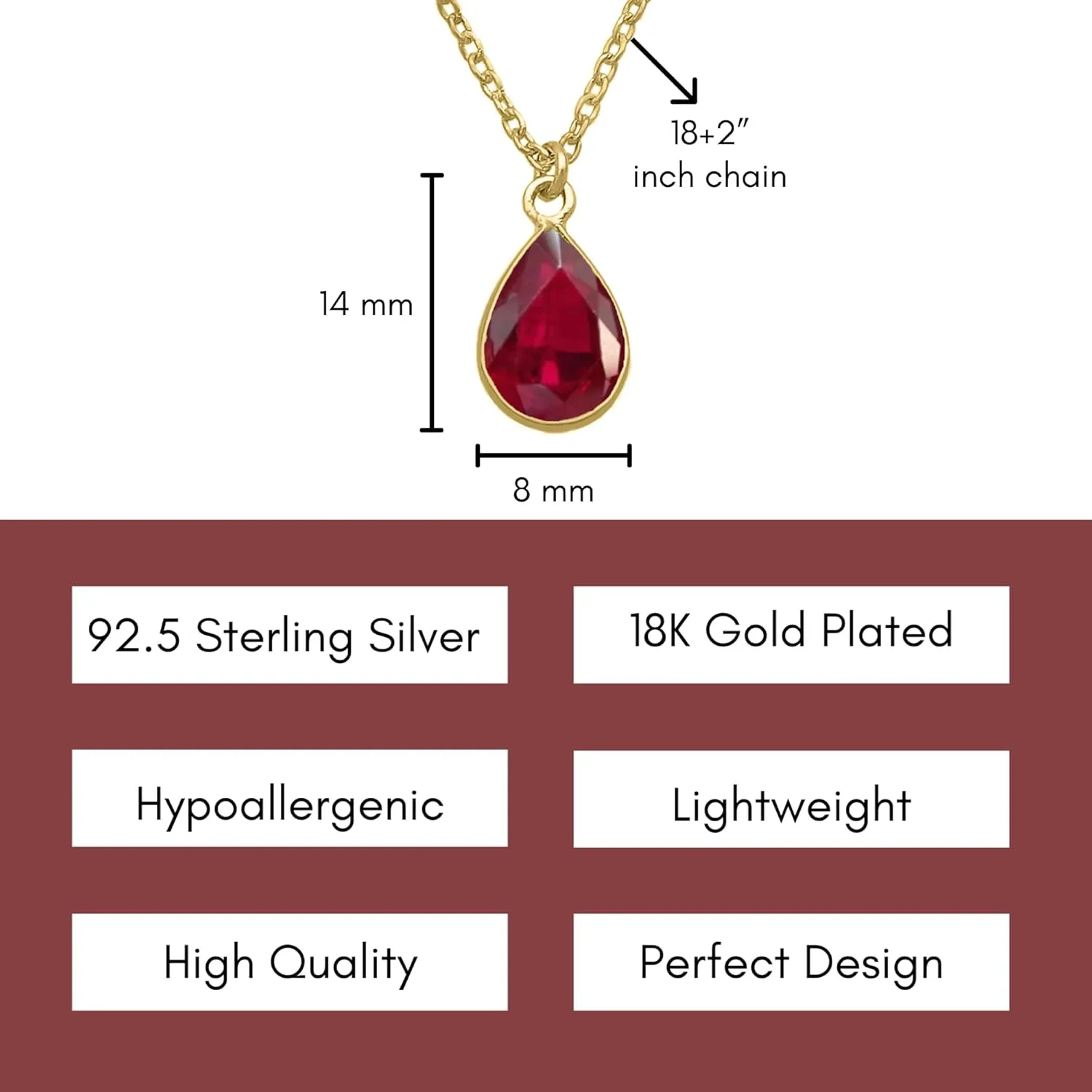 Ruby Necklace for Women, Premium Gold Pear Drop Necklaces for Women - Tarnish Free 18K Gold Plated Certified S925 Classic Statement Necklace Gold Jewelry for Women - Mothers Day Gifts for Mom Wife