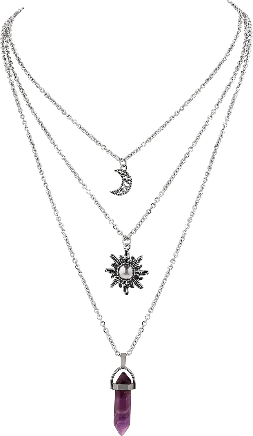 Sacina Gothic Layered Crystal Sun and Moon Necklace, Moon and Sun Pendant, Gothic Goth Emo Grunge Necklace, Goth Jewelry, Halloween Christmas Jewelry Gift For Women