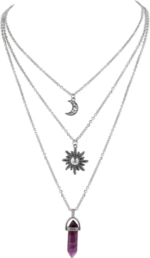 Sacina Gothic Layered Crystal Sun and Moon Necklace, Moon and Sun Pendant, Gothic Goth Emo Grunge Necklace, Goth Jewelry, Halloween Christmas Jewelry Gift For Women
