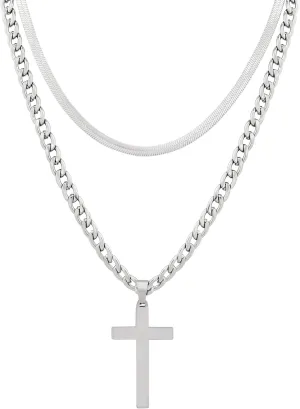 Sacina Layered Silver-tone Cross Pendant Necklace, Stainless Steel Cross Necklace, Cross Chain Necklace, Christian Necklace, Christmas Jewelry Gift for Women