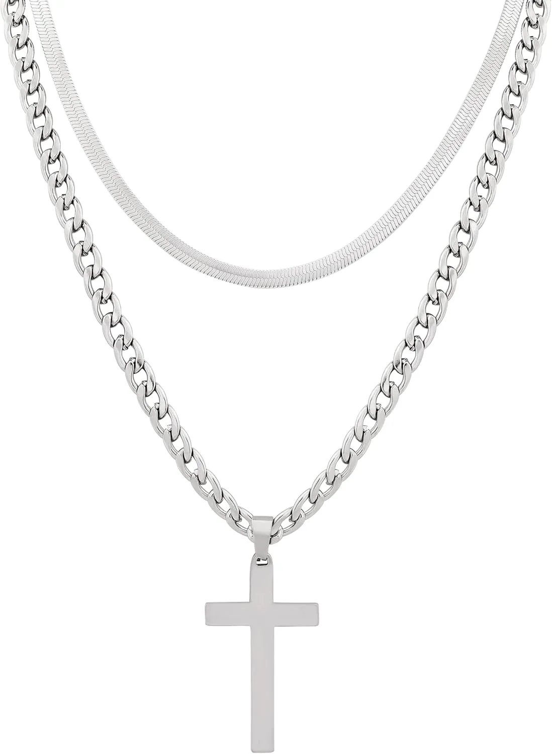Sacina Layered Silver-tone Cross Pendant Necklace, Stainless Steel Cross Necklace, Cross Chain Necklace, Christian Necklace, Christmas Jewelry Gift for Women