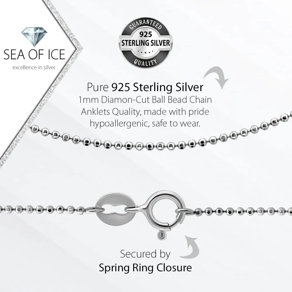 SEA OF ICE Sterling Silver 1mm Round Ball Bead Chain Anklet For Women, Size 9", 10" and 11" Italy