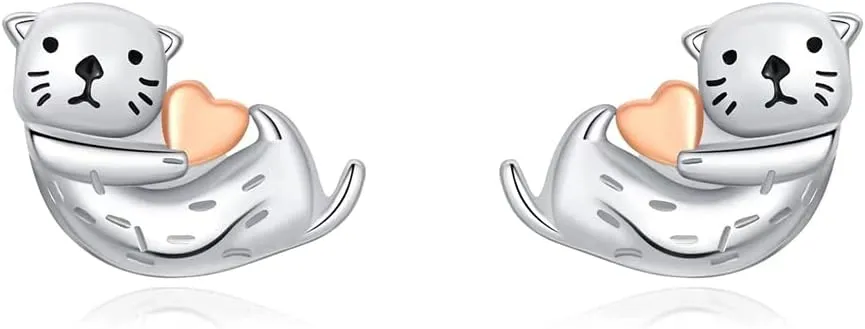 Sea Otter Stud Earrings 925 Sterling Silver Post Tiny Cute Animal Promise Love Heart Statement for Women Small Cartilage Delicate Lovely Jewelry for Daughter Niece