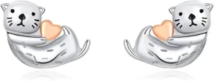 Sea Otter Stud Earrings 925 Sterling Silver Post Tiny Cute Animal Promise Love Heart Statement for Women Small Cartilage Delicate Lovely Jewelry for Daughter Niece