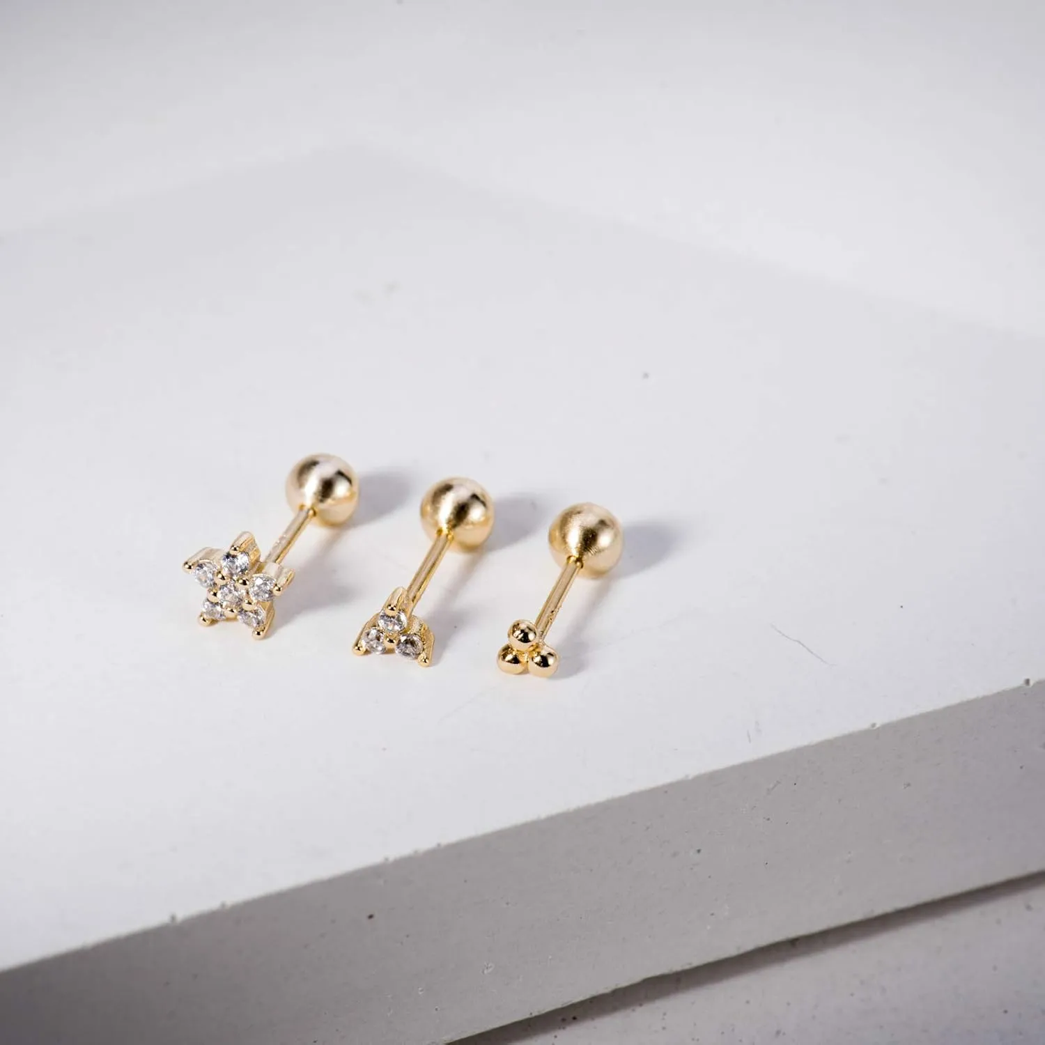 Set of 3 Single Studs in Sterling silver 925 Sterling Silver 18K Gold Plated Small Stud Earrings Set | Screw Back Studs | Tiny Cartilage Earring | Second Hole Earring
