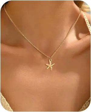 Shell Necklace for Women,14k Gold Plated Layered Starfish Conch SeaShell Pearl Pendant Charm Necklace,Non Tarnish Adjustable Stainless Steel Chain Stack Jewelry for Summer Beach Vacation