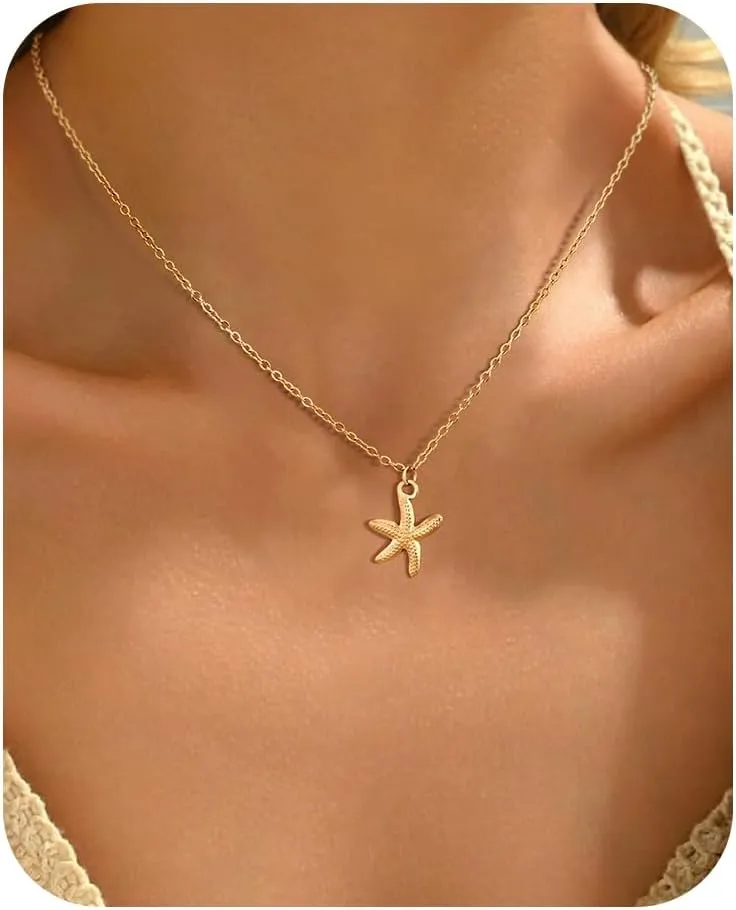 Shell Necklace for Women,14k Gold Plated Layered Starfish Conch SeaShell Pearl Pendant Charm Necklace,Non Tarnish Adjustable Stainless Steel Chain Stack Jewelry for Summer Beach Vacation