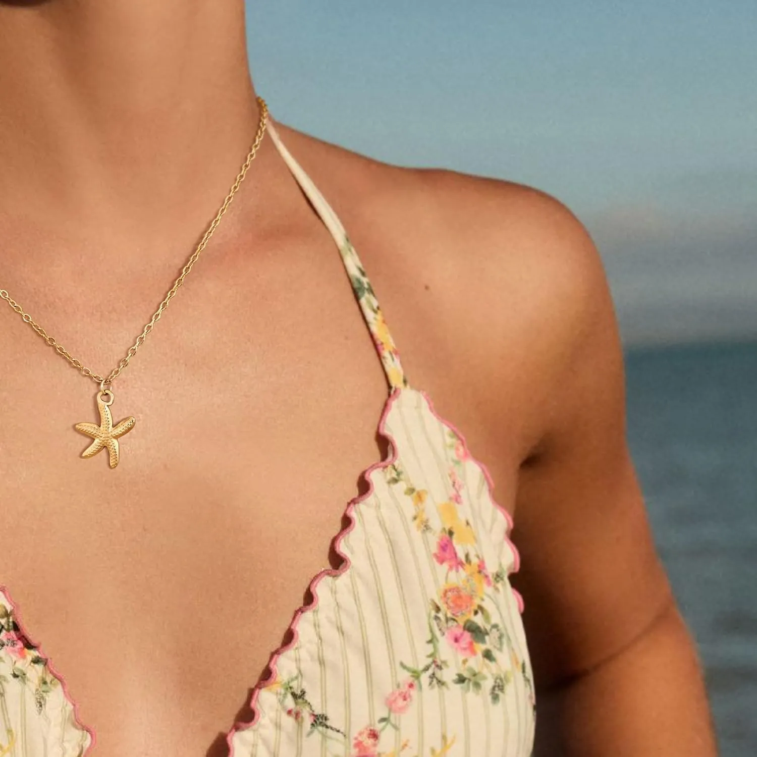 Shell Necklace for Women,14k Gold Plated Layered Starfish Conch SeaShell Pearl Pendant Charm Necklace,Non Tarnish Adjustable Stainless Steel Chain Stack Jewelry for Summer Beach Vacation