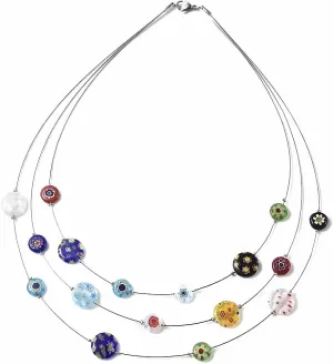 SHOP LC DELIVERING JOY Murano Style Millefiori Glass Layered Necklace - Beaded Necklaces for Women Trendy - Colorful Flower Jewelry Stainless Steel 18" Birthday Gifts