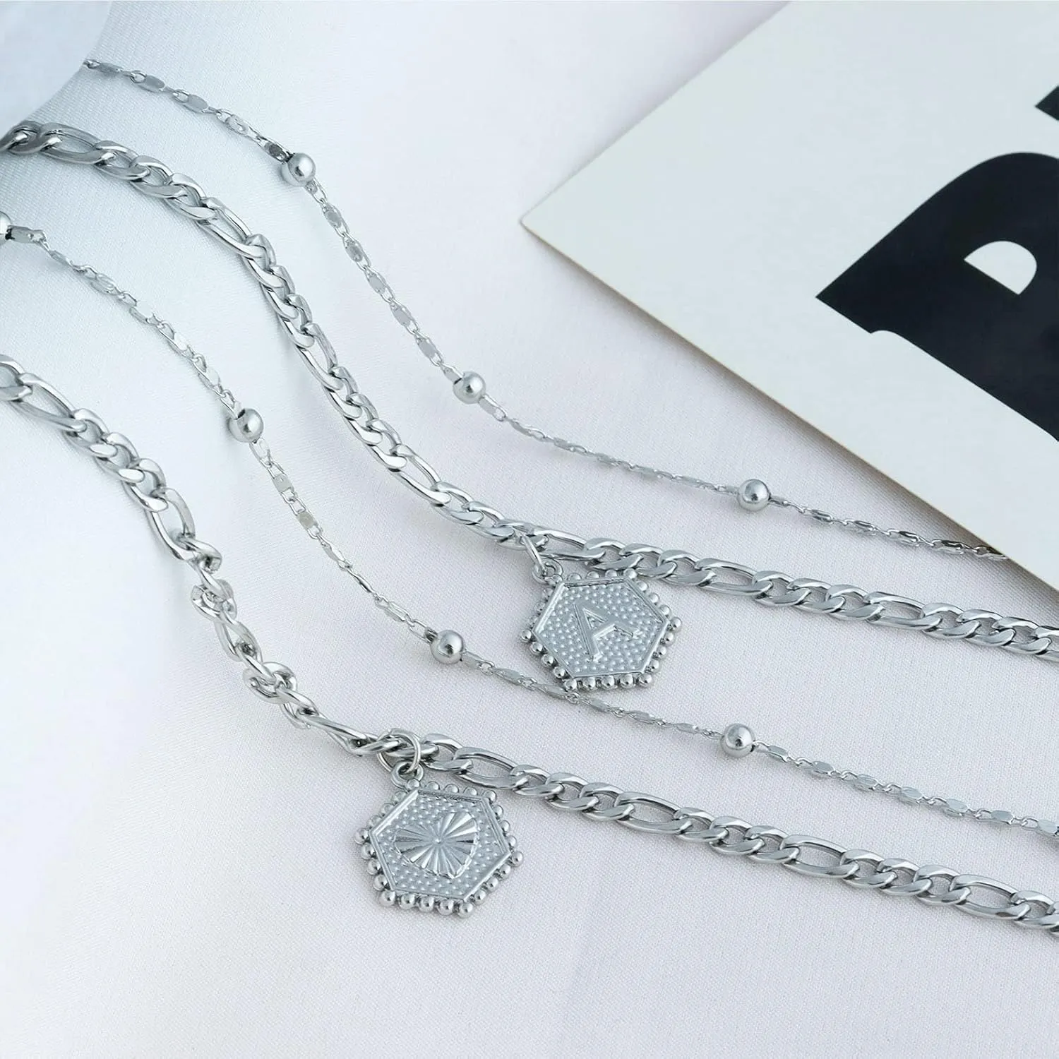 Silver Initial Anklet for Women Layered Beaded Hexagon Letter Ankle Silver Cuban Link Anklet Bracelet for Women Men Dainty Letter Name Ankle Bracelets