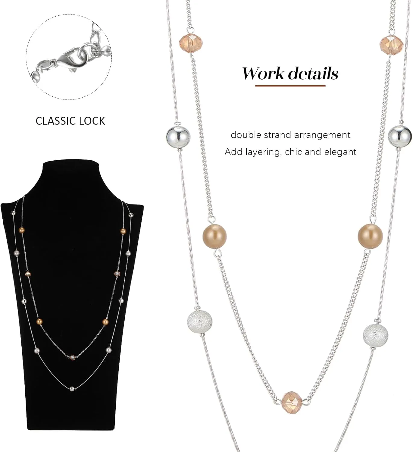 Silver Layered Long Necklace for Women Pearl Crystal Sweater Strand Chain Necklaces Fashion Gifts