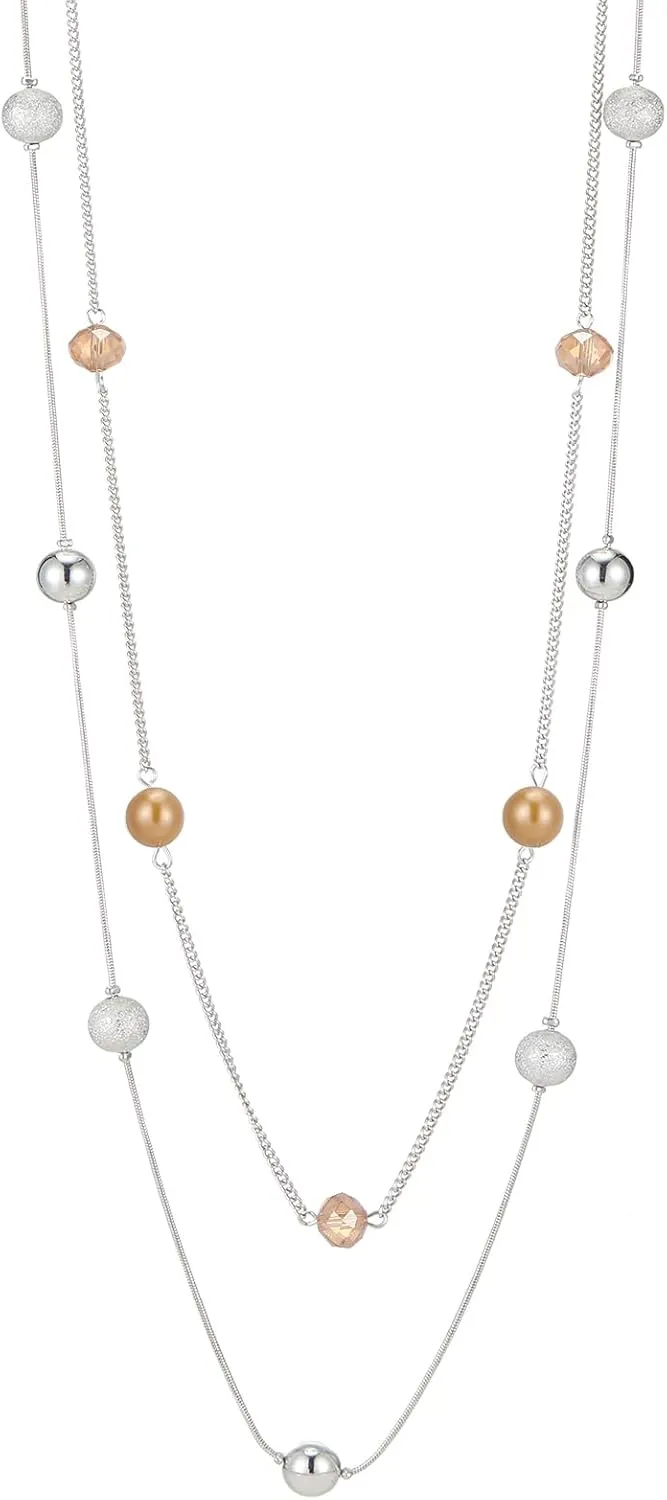 Silver Layered Long Necklace for Women Pearl Crystal Sweater Strand Chain Necklaces Fashion Gifts
