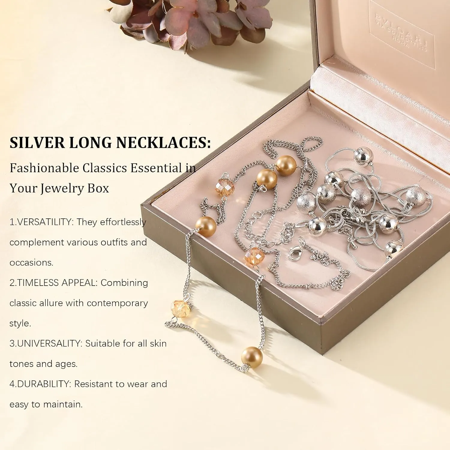 Silver Layered Long Necklace for Women Pearl Crystal Sweater Strand Chain Necklaces Fashion Gifts