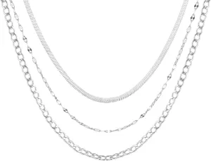 Silver Layered Necklaces for Women,925 Sterling Silver Plated Chain Choker Necklace Stack, Herringbone Paperclip Silver Necklace Set