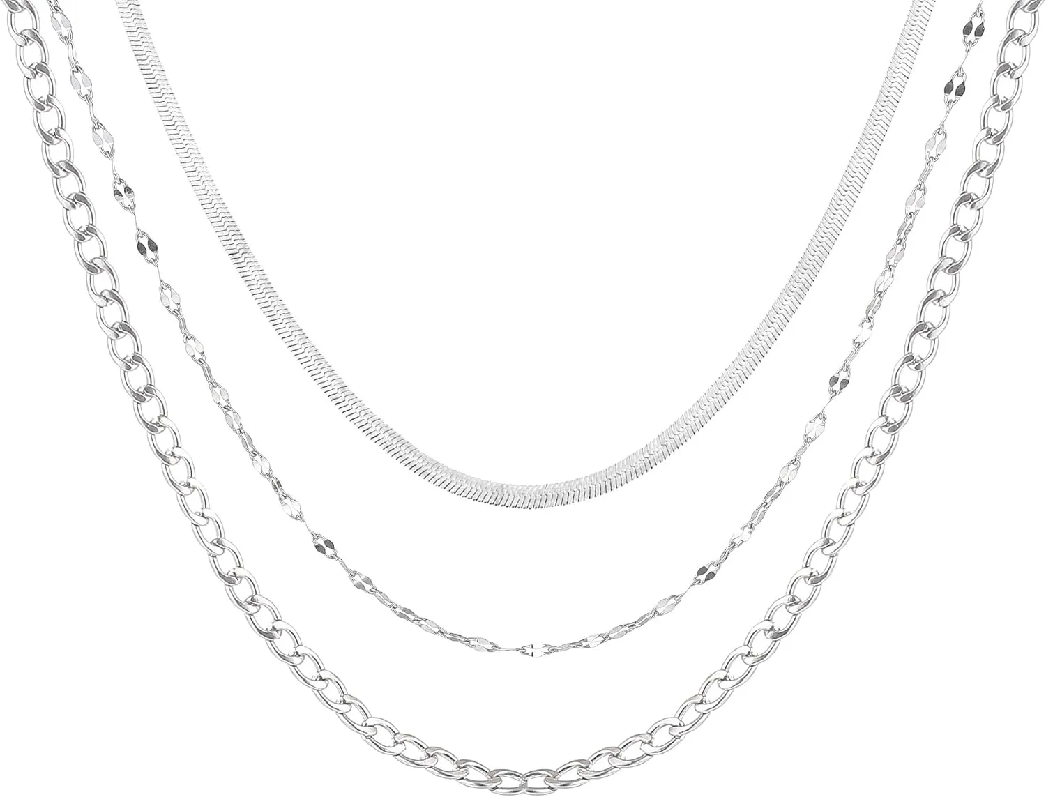 Silver Layered Necklaces for Women,925 Sterling Silver Plated Chain Choker Necklace Stack, Herringbone Paperclip Silver Necklace Set