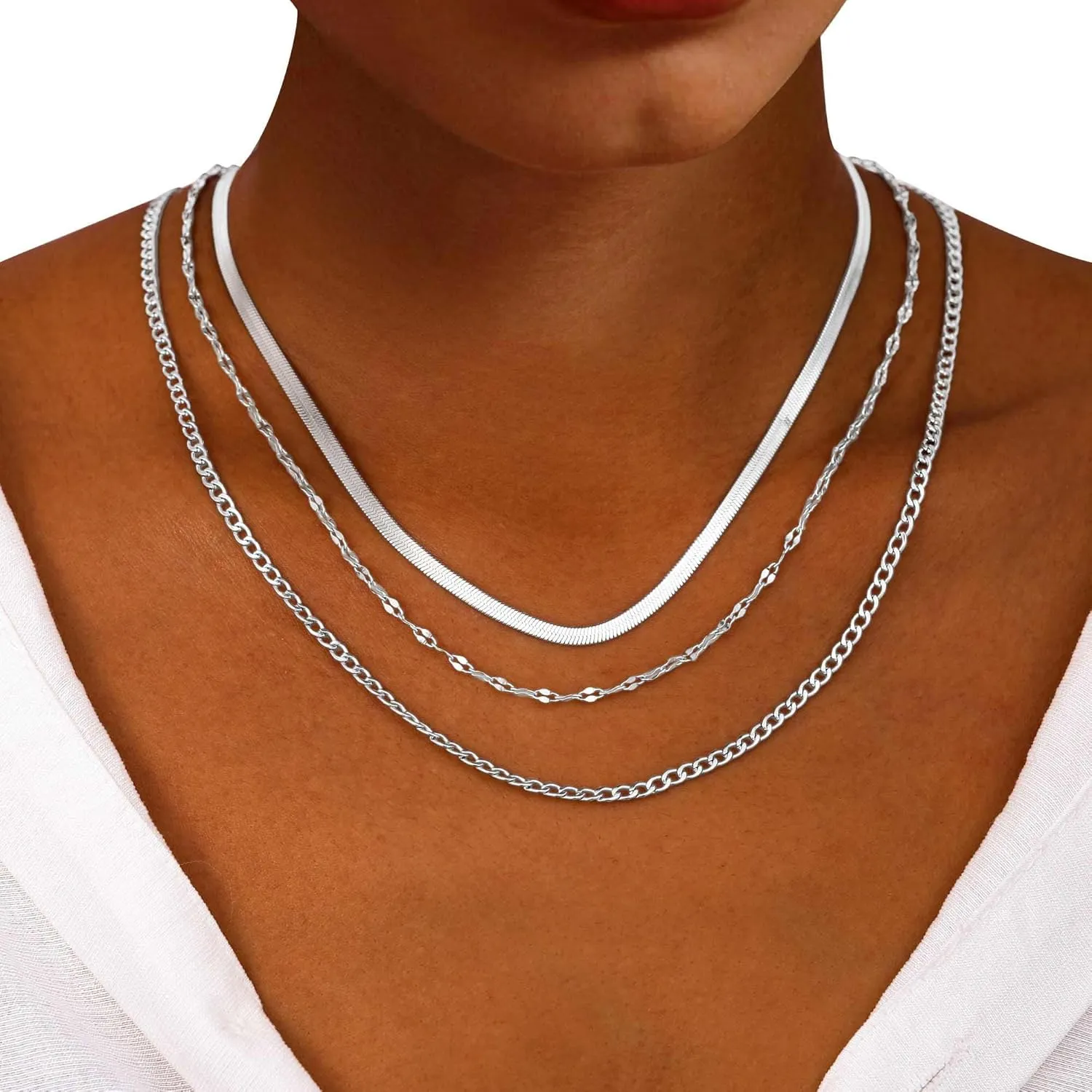 Silver Layered Necklaces for Women,925 Sterling Silver Plated Chain Choker Necklace Stack, Herringbone Paperclip Silver Necklace Set