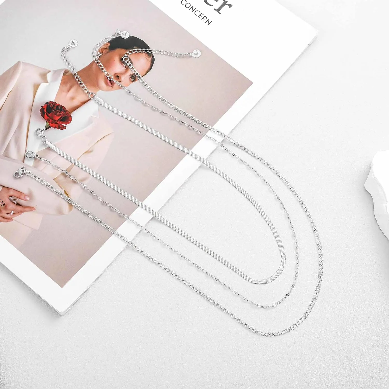 Silver Layered Necklaces for Women,925 Sterling Silver Plated Chain Choker Necklace Stack, Herringbone Paperclip Silver Necklace Set