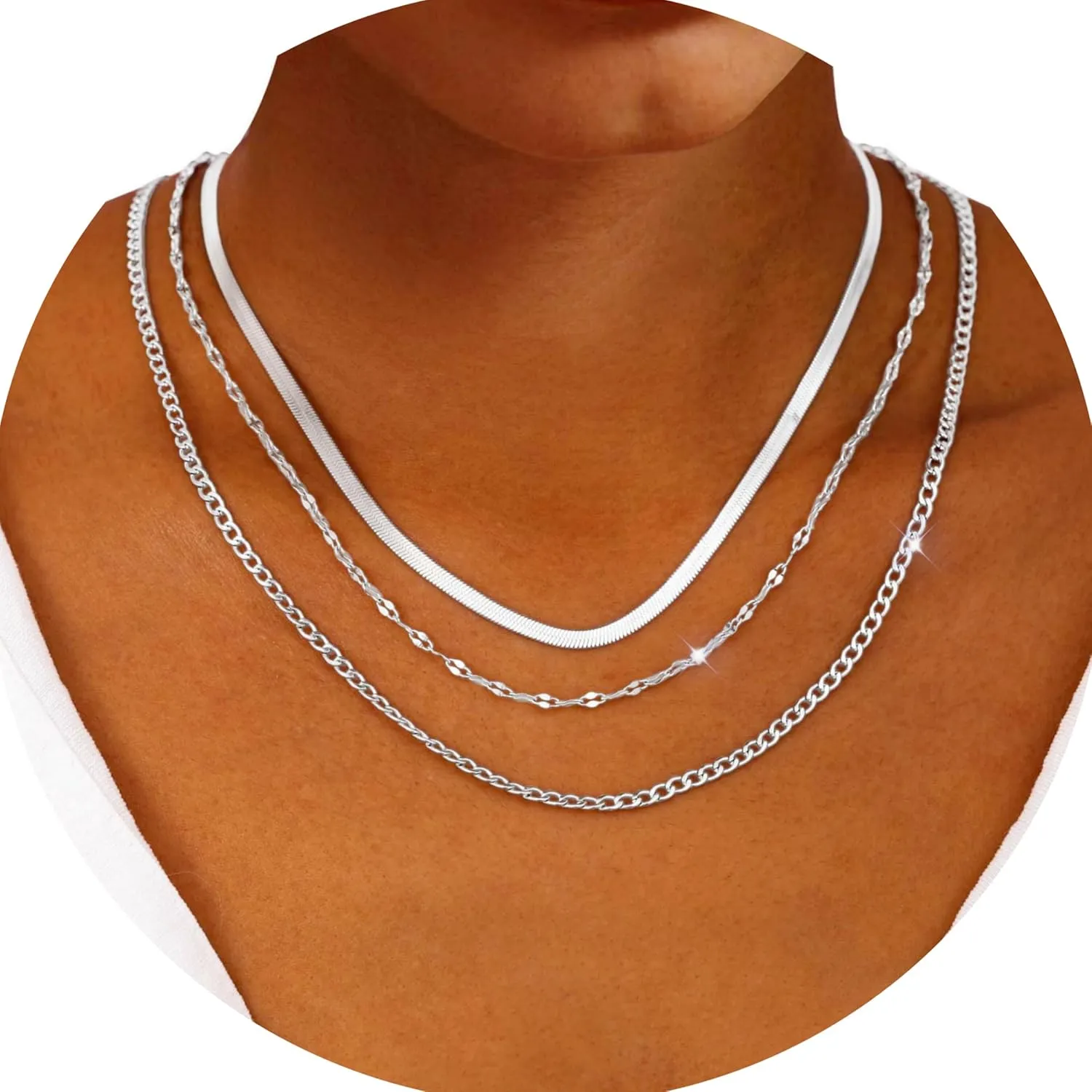 Silver Layered Necklaces for Women,925 Sterling Silver Plated Chain Choker Necklace Stack, Herringbone Paperclip Silver Necklace Set