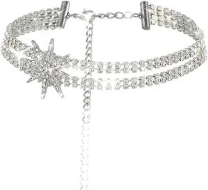 Silver Layered Rhinestone Choker Necklace Glitter Crystal Sparkly diamond Wedding Necklaces Tea Party Prom Rave Necklace Chain for Women