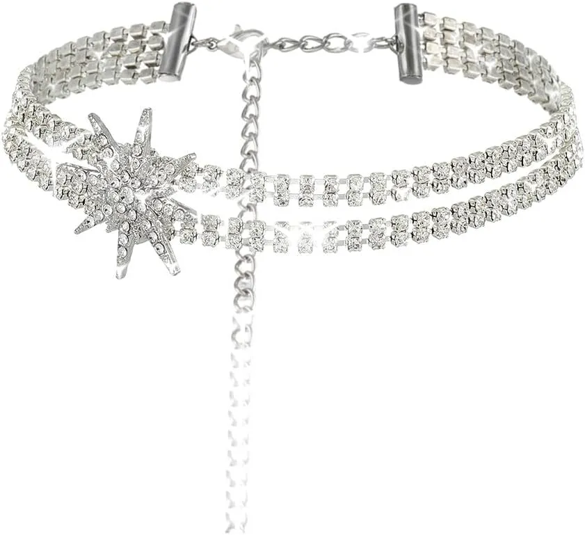 Silver Layered Rhinestone Choker Necklace Glitter Crystal Sparkly diamond Wedding Necklaces Tea Party Prom Rave Necklace Chain for Women