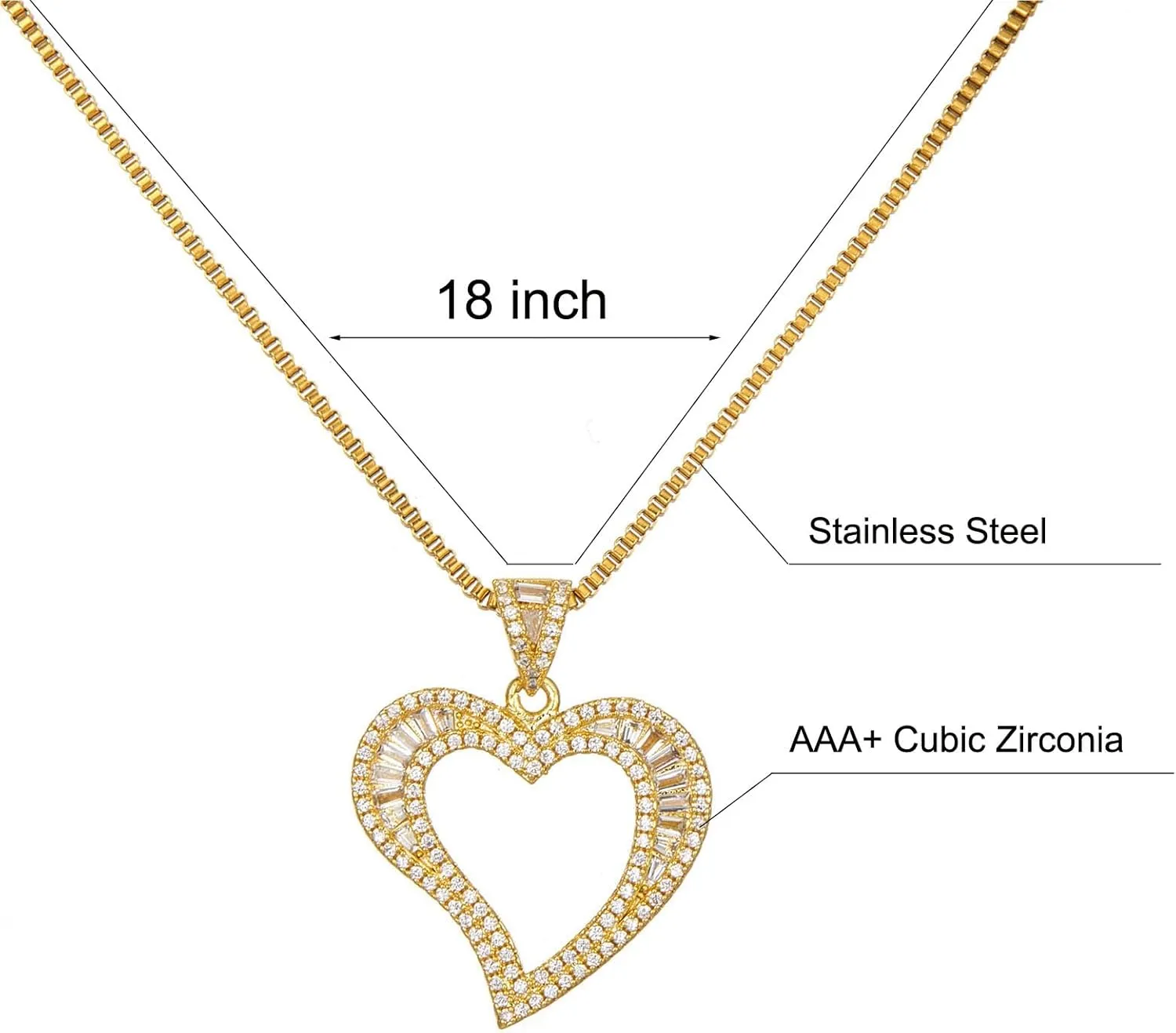 Silver/Gold Heart Necklace for Women, White Gold Love Necklace with Cubic Zirconia, Cute Dainty Bling Jewelry, Mothers Day Gifts, Hip Hop Gold Heart Pendant