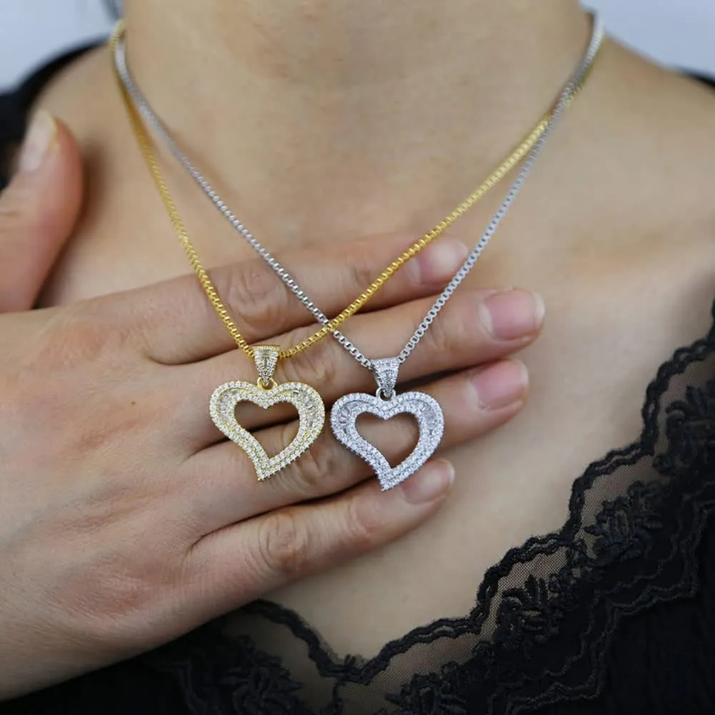 Silver/Gold Heart Necklace for Women, White Gold Love Necklace with Cubic Zirconia, Cute Dainty Bling Jewelry, Mothers Day Gifts, Hip Hop Gold Heart Pendant