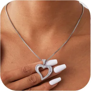 Silver/Gold Heart Necklace for Women, White Gold Love Necklace with Cubic Zirconia, Cute Dainty Bling Jewelry, Mothers Day Gifts, Hip Hop Gold Heart Pendant