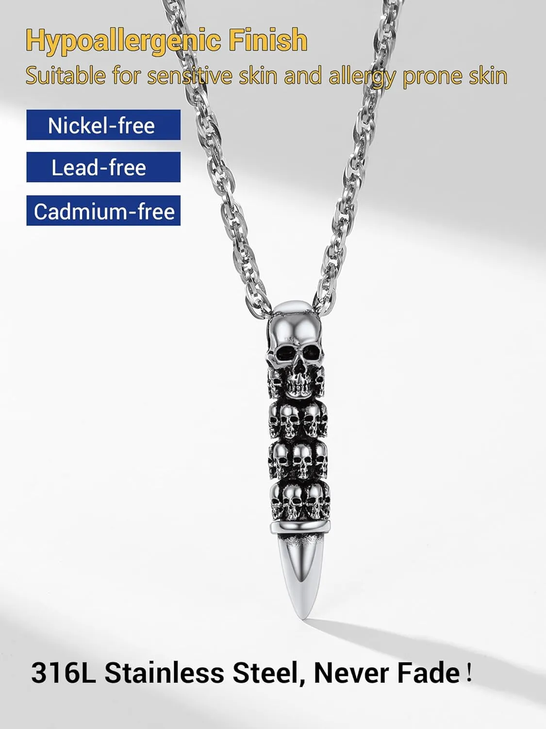 Skull Necklace for Men, Stainless Steel Skeleton Pendant Necklaces, Retro Hip Hop Punk Style, Gothic Halloween Jewelry, Come with Box