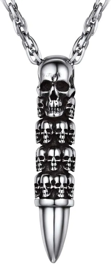 Skull Necklace for Men, Stainless Steel Skeleton Pendant Necklaces, Retro Hip Hop Punk Style, Gothic Halloween Jewelry, Come with Box