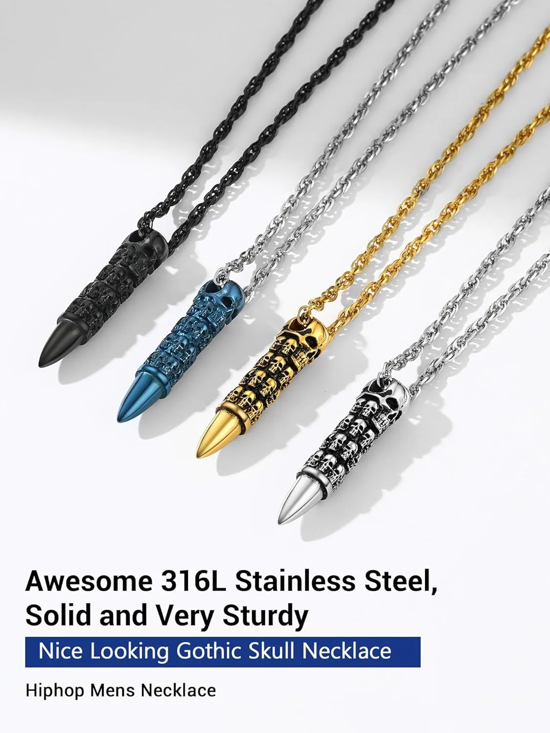Skull Necklace for Men, Stainless Steel Skeleton Pendant Necklaces, Retro Hip Hop Punk Style, Gothic Halloween Jewelry, Come with Box