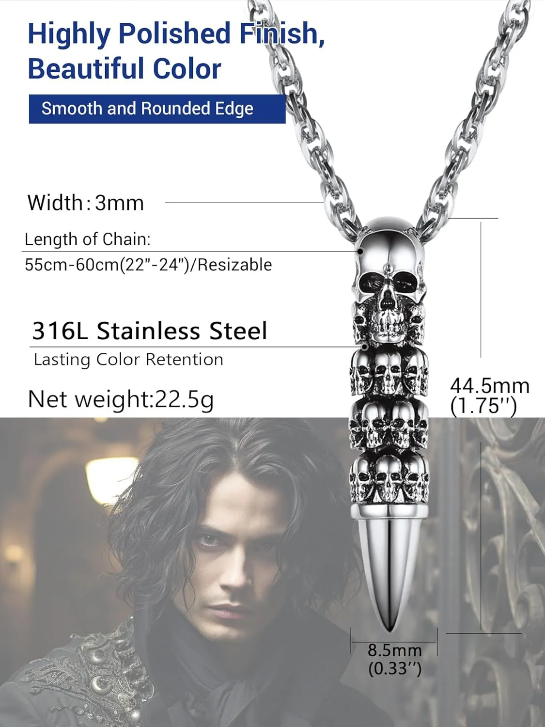 Skull Necklace for Men, Stainless Steel Skeleton Pendant Necklaces, Retro Hip Hop Punk Style, Gothic Halloween Jewelry, Come with Box