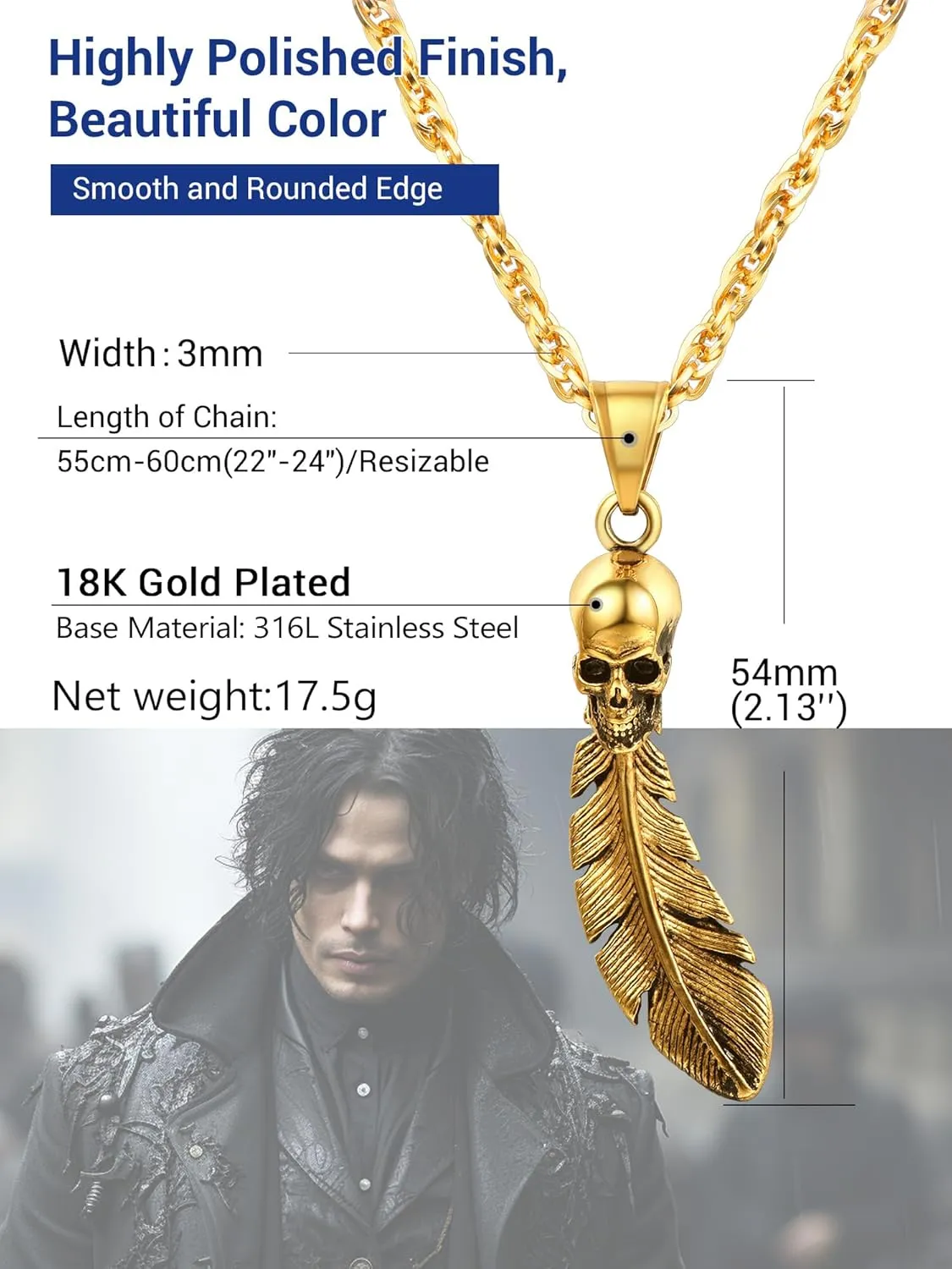 Skull Necklace for Men, Stainless Steel Skeleton Pendant Necklaces, Retro Hip Hop Punk Style, Gothic Halloween Jewelry, Come with Box
