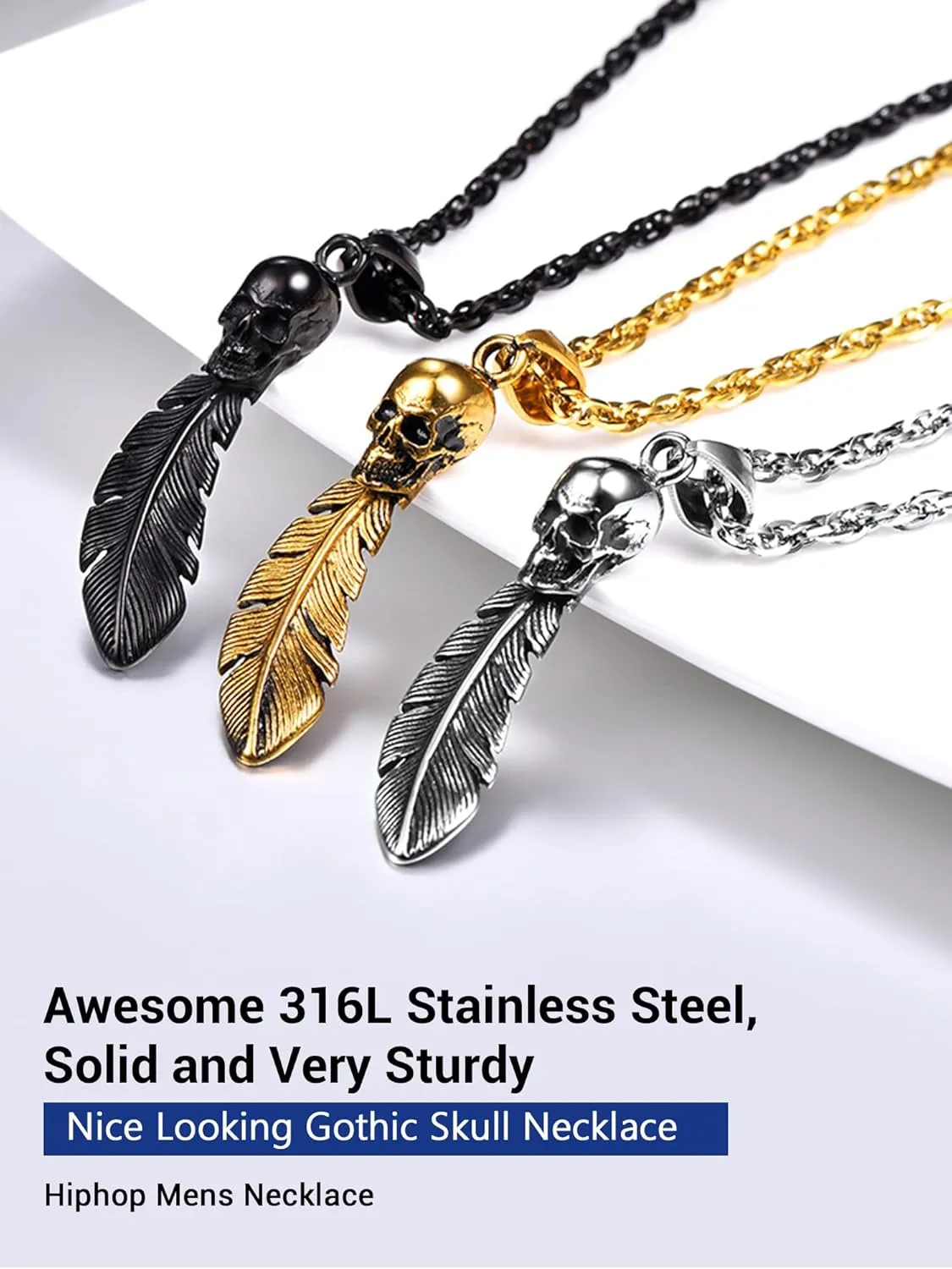 Skull Necklace for Men, Stainless Steel Skeleton Pendant Necklaces, Retro Hip Hop Punk Style, Gothic Halloween Jewelry, Come with Box