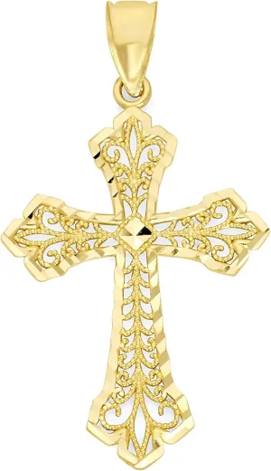 Solid 14k Gold Filigree Cross Pendant - Intricate Design, Elegant Spiritual Jewelry for Women and Men, Christian Religious Necklace Charm