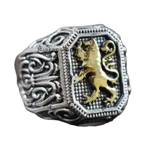 Solid 925 Sterling Silver Lion Of Judah Mens Signet Ring, Unique Handcrafted Two Tone Jewelry