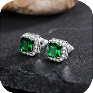 Sparkling 6mm Square Halo Stud Earrings Faux Diamond Emerald Sapphire Cubic Zirconia 925 Sterling Silver Full Diamond Delicate Stud Earrings Jewelry Gift for Banquet Party Gown Accessory