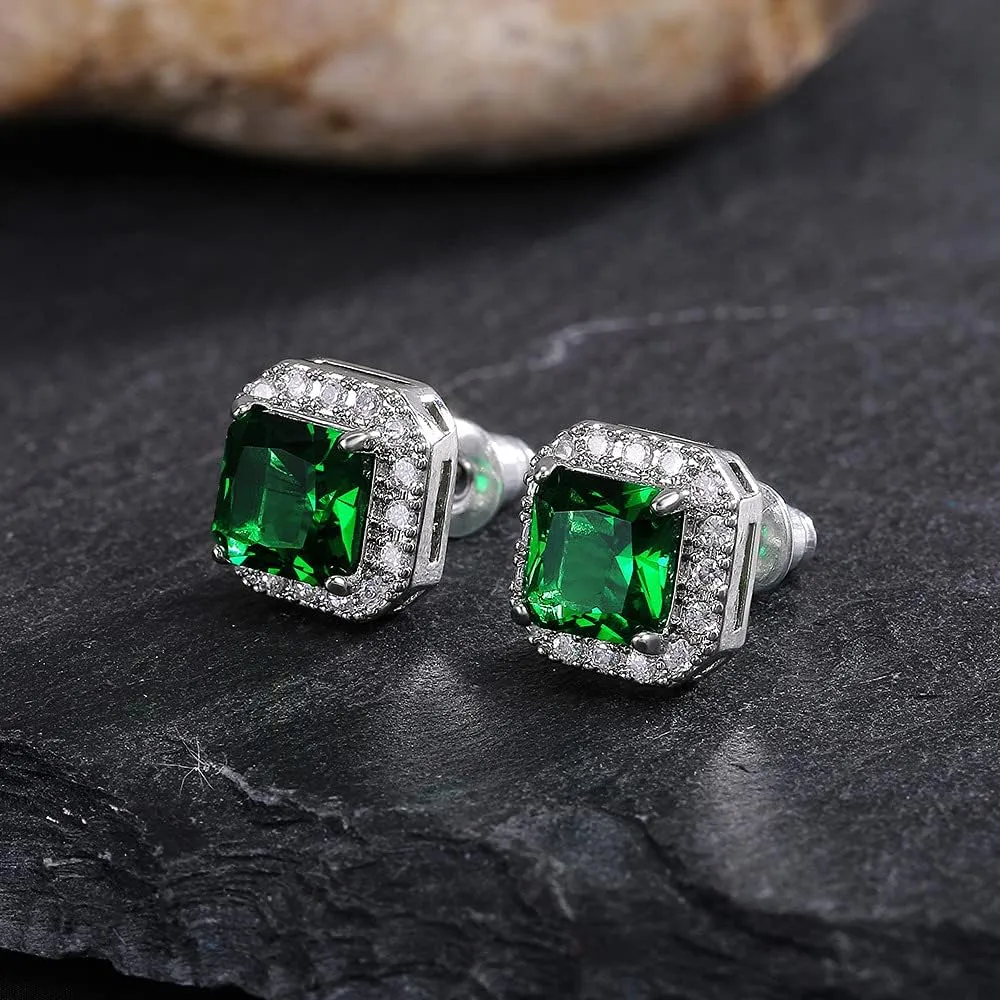 Sparkling 6mm Square Halo Stud Earrings Faux Diamond Emerald Sapphire Cubic Zirconia 925 Sterling Silver Full Diamond Delicate Stud Earrings Jewelry Gift for Banquet Party Gown Accessory