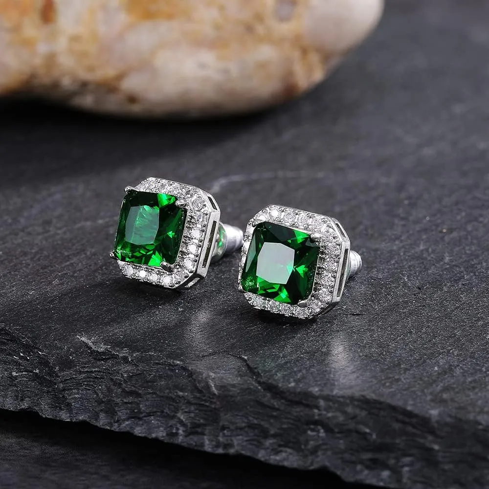Sparkling 6mm Square Halo Stud Earrings Faux Diamond Emerald Sapphire Cubic Zirconia 925 Sterling Silver Full Diamond Delicate Stud Earrings Jewelry Gift for Banquet Party Gown Accessory