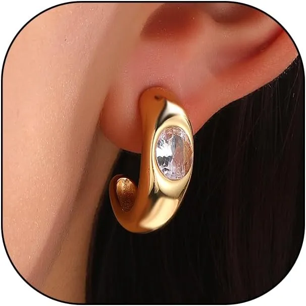 Sparkly Crystal Statement Earrings for Women Dainty 14k Gold Cubic Zirconia C Earrings Preppy Half Round Stud Earrings Party Prom Jewelry Accessories
