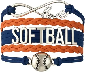 Sportybella Softball Charm Bracelet, Adjustable Orange and Navy Infinity Love Braided Wristband, Softball Jewelry Accessories for Teen Girls, Players, and Softball Teams